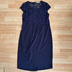 NWT Kate Kasin Navy Blue Lace Illusion Top Wrap Cocktail Pencil Dress XL